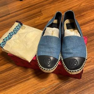 Tory burch Espadrille Denim-Calf Leather Navy Size 9.5 w/ box and dust bag.